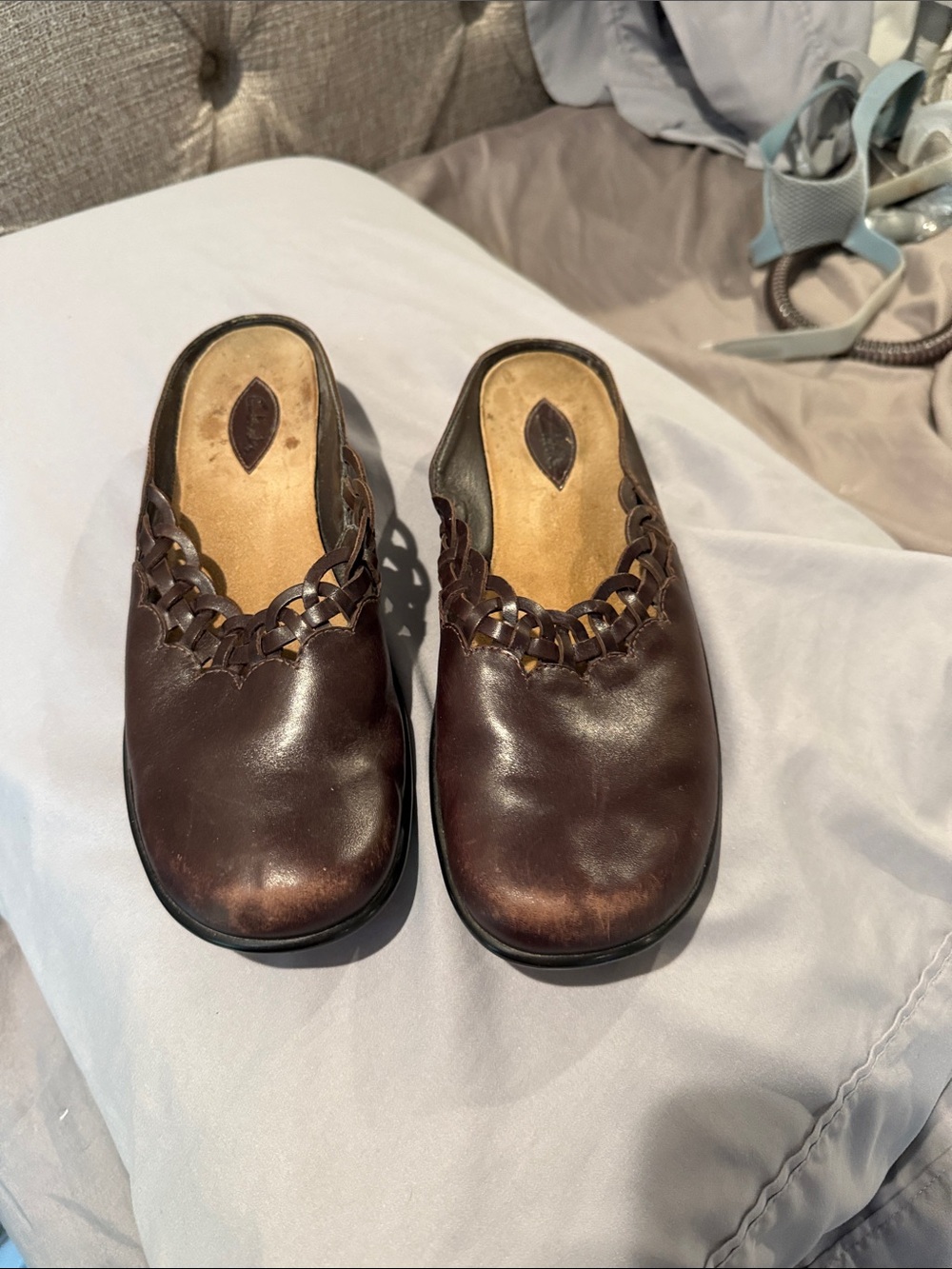 Clarks Brown Slip-On Leather Mules with Black Outsoles